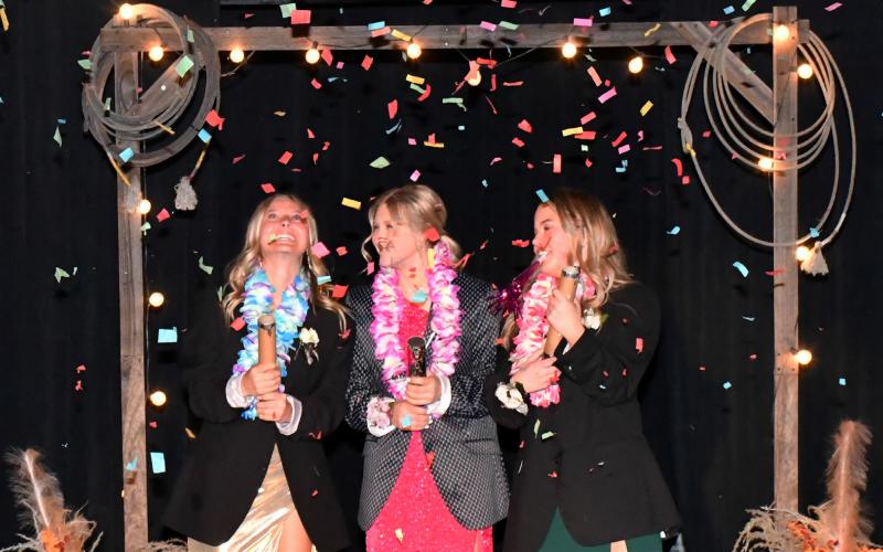 Waubay prom goers, Jersey Johnson 11th grade, Kayce Berger 11th grade and Addison Bronson ninth grade, pop confetti canons as part of the festivities at Waubay’s prom April 25. Reporter &amp;amp; Farmer | Leyton Beardslee