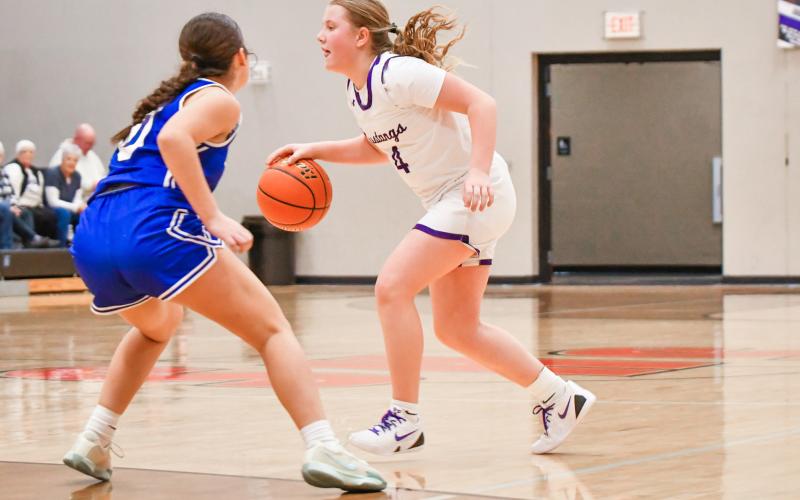 Brynlee Amdahl (4) of Waubay/Summit dribbles up the court during Mustangs 65-42 win against Elkton-Lake Benton Lady Elks Feb. 7 in Summit. Waubay/Summit moves to a record of 15-2 on the season. Reporter &amp;amp; Farmer | Leyton Beardslee