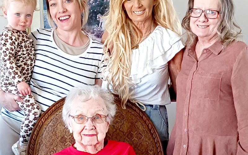 A springtime visit brought five generations of the Sandve/Mattson family together in Aberdeen. Pictured are, seated, Esther Sandve, Webster with, standing, from right, her daughter Marilyn Jean Mattson, Aberdeen; Marilyn’s daughter Amy Jean Macke, Prior Lake, MN; Amy’s daughter Brittany Jean Halloran holding her daughter Cecelia Jean Halloran, East Bethel, MN. Reporter &amp;amp; Farmer | Subscriber snapshot