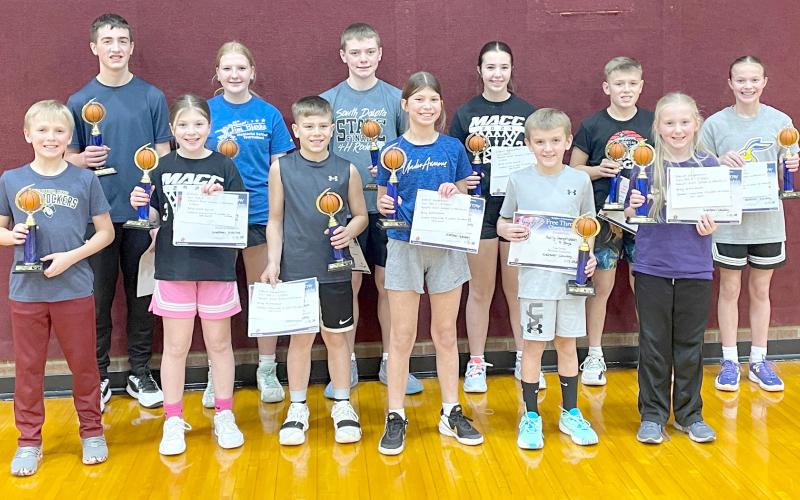 Knights of Columbus free throw contest was Jan. 12 at Webster Armory. Pictured from left are winners by years of age, front, 11 – Coen Halvorson, Presley McClurg, 10 – Coy Tempel, Kallie Zirbel, nine – Rally Hendrickson, Hilton Butler; back, 14 – Ace Lesnar, Hannah Sonstebo, 13 – Krew Gaikowski, Siri Voss, 12 – Blake Tempel and Portlyn Johnson. Winners will participate in the district competition Feb. 2, 2 p.m. at Roncalli Elementary School. Reporter &amp;amp; Farmer | Subscriber snapshot