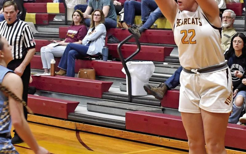 Webster Area girls basketball faced the Hamlin Chargers at the Webster Armory Jan. 16 which ended in a Bearcat loss 28-68. Here, Bearcat Bailee Ninke (22) shoots a corner three while a Hamlin defender rushes to close out. Reporter &amp;amp; Farmer | Robert Dulitz