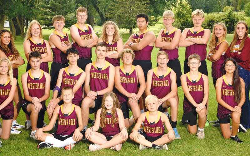 Webster Area 2024 cross country team, from left to right in front are Easton Ermer, Presley McClurg, Coen Halvorson; middle Kloey Garrett, Cooper Gregerson, Aidyn Cyrus, Jase Voss, Gavon Larson, Gabriel Gaikowski, Vance Tolifson, Dawn Heer; back Abbi Mays, Jocelyn Rumpca, Hannah Sonstebo, Jaxon Nimmer, Blaise McGregor, Abbi Garrett, Justin Ponce, Grady Wagner, Alec Garrett, Remi Hubsch, Student Manager Macee McGregor and Coach Cheryl McCreary.