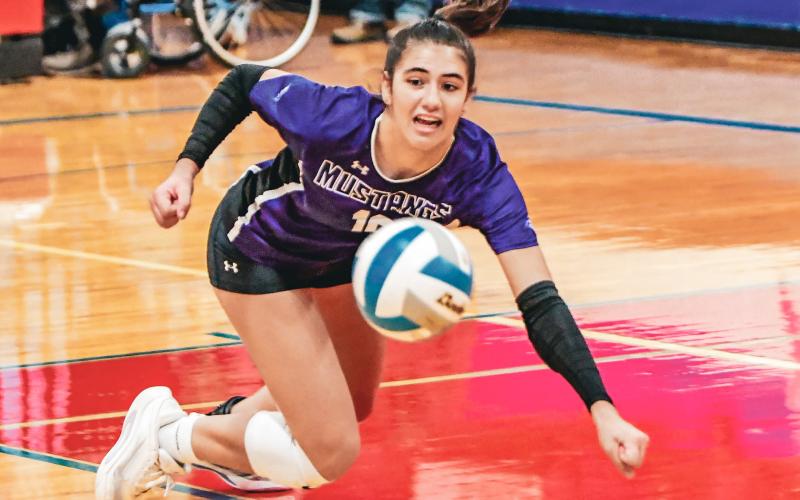 Addison Heinje dives for the ball during Waubay/Summit’s Class B Region 1 quarterfinal match against Hitchcock-Tulare Nov. 4 in Tulare. Mustangs fell 0-3 with set scores of 9-25, 14-25 and 14-25. Reporter &amp;amp; Farmer | Leyton Beardslee