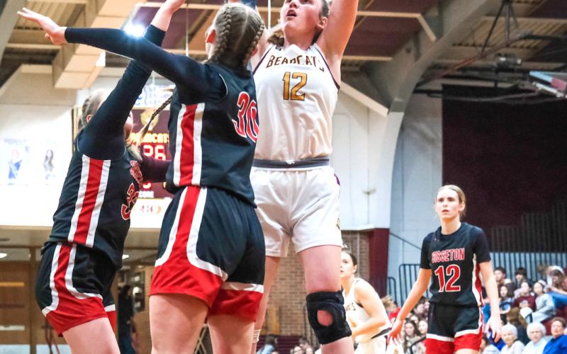 Karli Sannes (12) of Webster Area puts up a shot during the Bearcats 32-45 loss to Sisseton Redmen Feb. 9 in Webster. Bearcat girls currently hold a record of 5-12 on the season. Reporter &amp;amp; Farmer | Leyton Beardslee