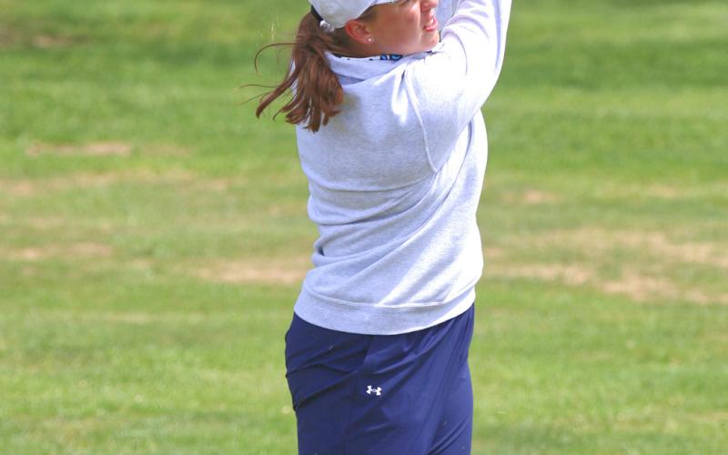 Mustang golfer, Sage Gaikowski shoots for the green during the Florence/Henry Invitional held in Watertown April 30. Gaikowski shot 89 and won the girls individuals. Reporter &amp;amp; Farmer | Connor Handrahan