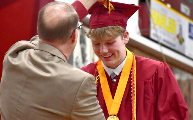 Blaize Larson had his tassel turned by Webster Area Superintendent Jim Block during Webster Area High School’s graduation ceremony at Webster Armory May 18. Larson was one of two senior class speakers at the event. Reporter &amp;amp; Farmer | Leyton Beardslee