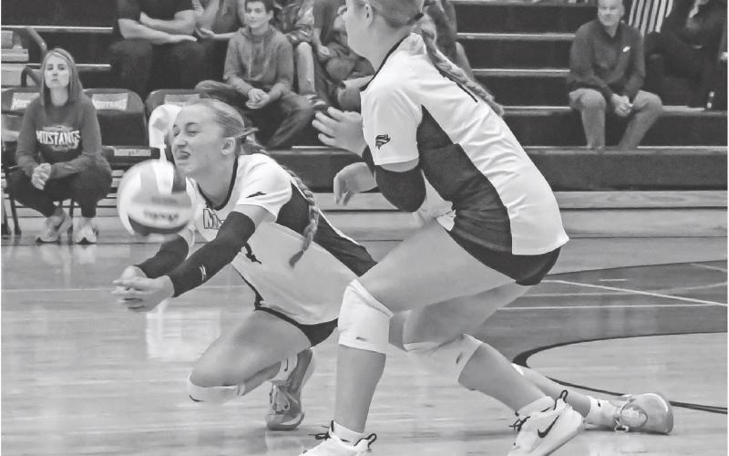 Elise Aker (3) dives for the ball in front of Gracia Althoff (15) during Waubay/Summit’s 3-0 match win over Wilmot Oct. 14 in Summit. Set scores for the match were 25-19, 25-15 and 25-16. Reporter &amp;amp; Farmer \\ Amanda Dulitz