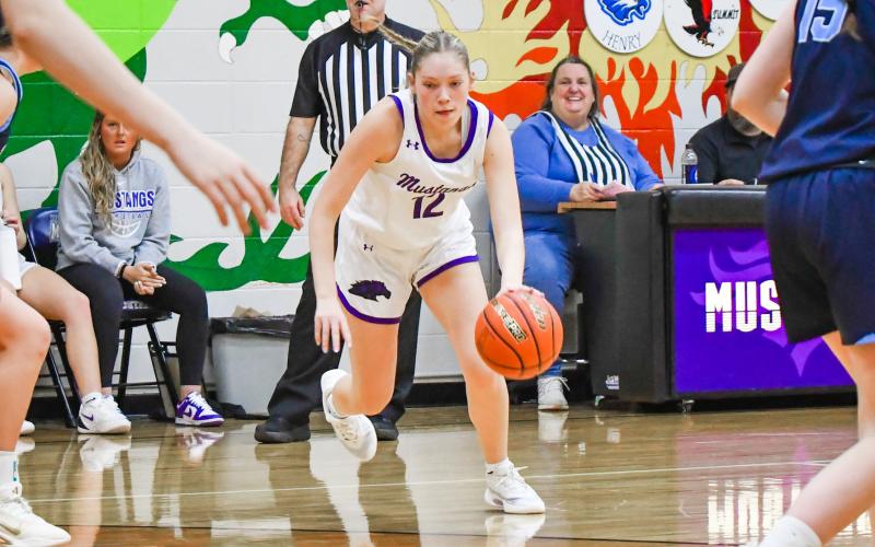 Caley Boik (12) of Waubay/Summit finds a lane during the Mustang’s 57-28 victory over Leola/Frederick Titans Jan. 3 in Waubay. Boik finished with six points in the win. Reporter &amp;amp; Farmer | Leyton Beardslee