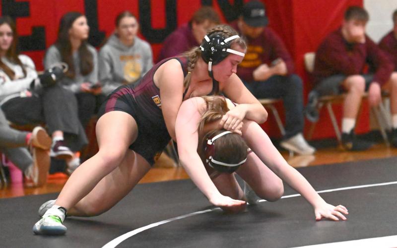 Claire Torrence of Webster Area gets the upper hand on Lydia Novy of Milbank Bulldogs during a dual meet in Sisseton Jan. 27. Torrence won the match by fall in 0:53 and earned six team points. Reporter &amp;amp; Farmer | Brianna Jorgenson, Captured Creations Photography