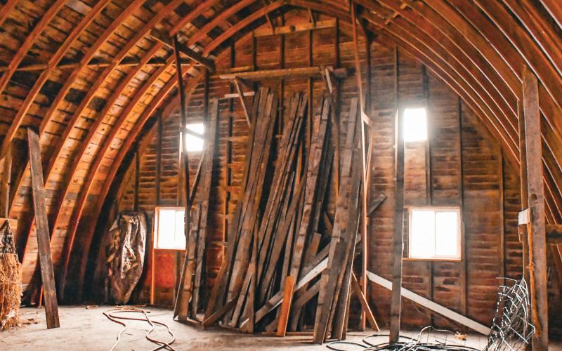 The hay loft of Bruce Knowlan’s 1950s gothic arch barn is pictured Oct. 14. The loft formerly spanned the entire length of the barn but Knowlan removed half of it so larger equipment could be stored inside on the ground floor. Reporter &amp;amp; Farmer | Leyton Beardslee