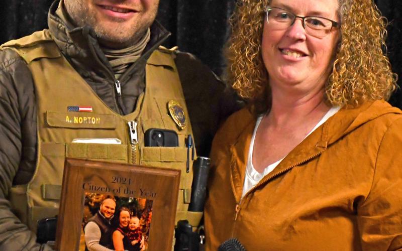 Austin Norton was awarded the Webster Area Chamber of Commerce Citizen of the Year at the Chamber’s annual meeting Jan. 20. Presenting the award was last year’s citizen of the year Amy Fischer. Reporter &amp;amp; Farmer | Amanda Dulitz