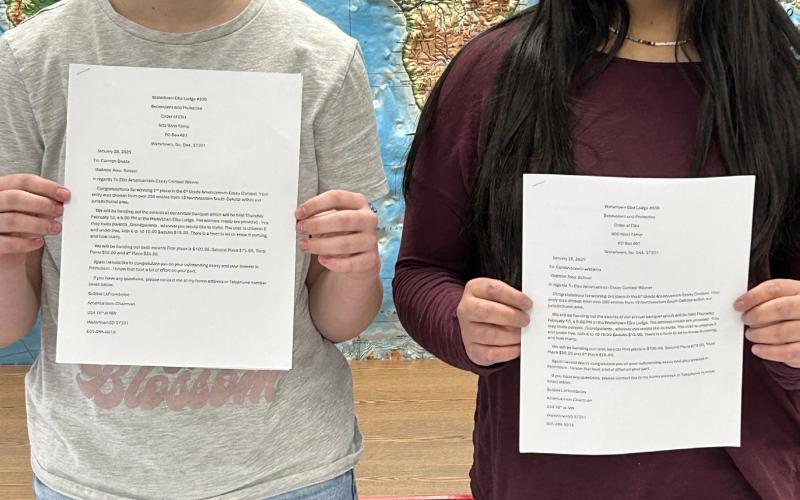 Webster Area School sixth graders Camryn Snaza, left received second place and Cantemazawin Williams, third place in the Watertown Elks Americanism essay contest. Both are invited to the banquet to read their essays Feb. 13 in Watertown and to receive their cash prizes. Reporter &amp;amp; Farmer | Subscriber snapshot