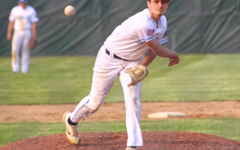 Jack Shoemaker pitched during Webster Legion Post 40’s 4-2 victory over Claremont at Bob Wiley Field in Webster. Shoemaker totaled 10 strikeouts with two hits and two walks during his five inning complete game.