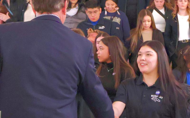 Waubay JAG student Yulisa De Loera shakes hands with Gov. Larry Rohden at the South Dakota legislative session Jan. 29. “She went from being very shy last year to shaking hands with the governor,” said JAG specialist Katie Thompson. Reporter &amp;amp; Farmer | Subscriber Snapshot