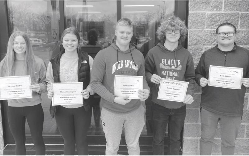 Five Webster Area School students received honorable mention recognition at Northern State University annual math contest. Students recognized in math divisions are, from left, elementary algebra - Alyssa Zacher, senior math -Alaina Baumgarn; advanced algebra - Isaac Zacher, Mason Aadland and Seth Mead.