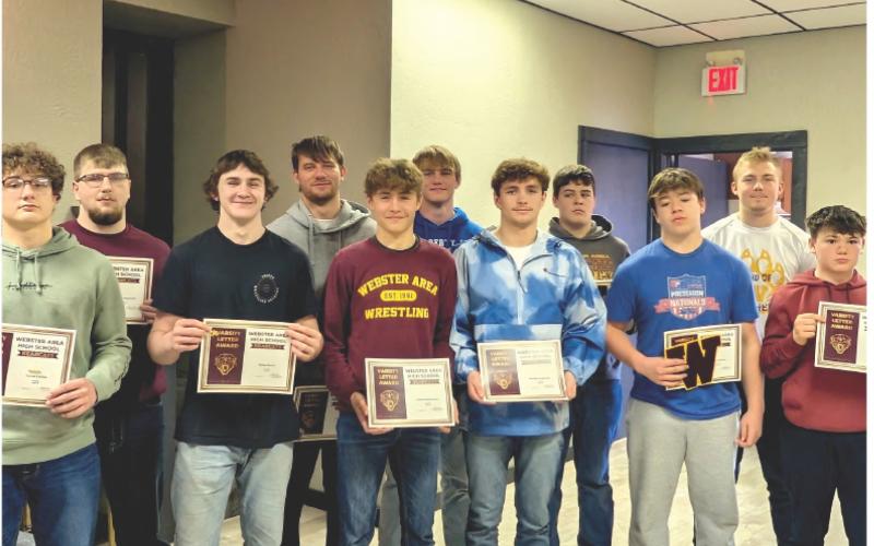 Boys varsity letter winners are, from left, front, Gavon Larson, Rylan Meuer, Tayten Kurkowski, Haeden Jorgeson, Nathan Hubsch, Karstyn Schlechter; back, Matthew Angiolelli, Trace Shoemaker, Gage Baumgarn, Lennox Rumpca and Isaac Nelson. Reporter &amp;amp; Farmer \\ Subscriber snapshot