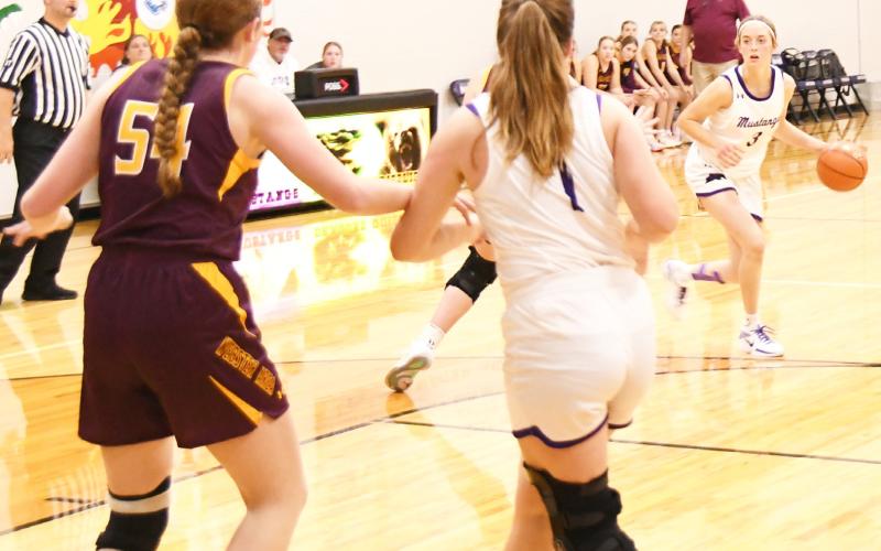 Waubay-Summit Mustangs hosted Webster Area Bearcats Dec. 10 in their season opener. The Mustangs prevailed in overtime 50-45. Here, Waubay-Summit’s Faith Larson (3) dribbles the ball inside the arch while her teammate Peyton Rumpza (1) attempts to clear out space from Webster Area Bearcat Karli Sannes (54). Reporter &amp;amp; Farmer | Robert Dulitz