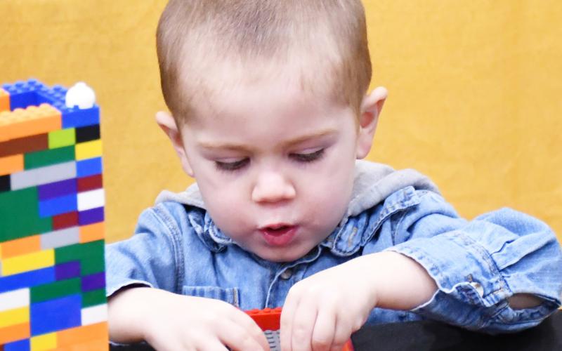 A plastic block building contest was an all day activity for both days of the Webster Area Farm and Home Show Jan. 24-25 at the Webster Armory. Here, three-year-old Maddix Schiley from Webster attempts to build a small strucutre with his blocks. Accompanying, Maddix was his grandfather Brock Otterness from Watertown. Reporter &amp;amp; Farmer | Brenner Cariveau