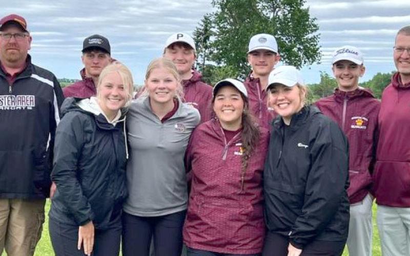 Webster Area boys and girls golf teams at the state golf tournament were, from left in front, Baylie Somsen, Mia Coester, Joslyn Haugen and Bailee Ninke; in back from left, Assistant Coach Mike Ninke, Michael Dorsett, Thomas Kuecker, Blaize Amdahl, Seth Lesnar and Head Coach Tim Lesnar. Reporter &amp;amp; Farmer | Subscriber snapshot