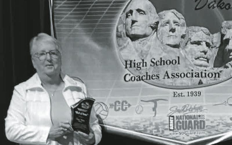 Retired Webster High School Volleyball coach Cindy Nelson poses with her award July 20 in Mitchell after being inducted into the South Dakota High School Coaches Association’s Hall of Fame. Nelson coached Webster Volleyball for 27 years from 1982 until 2008. Reporter &amp; Farmer | subscriber snapshot