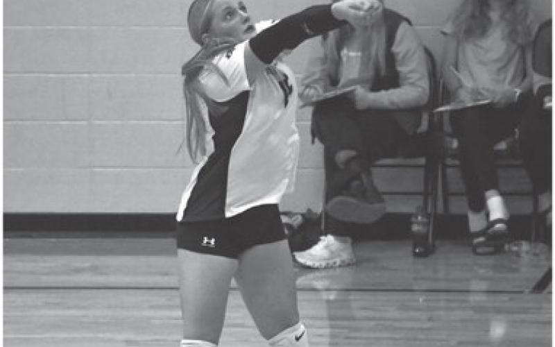 Gracia Althoff of Waubay/Summit receives the ball during the Mustang’s match against Britton-Hecia Oct. 7 in Waubay. Waubay/Summit lost the match 0-3 with set scores of 16-25, 23-25 and 21-25. Reporter &amp;amp; Farmer \\ Leyton Beardslee