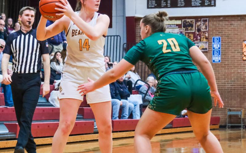 Mallory Steiner (14) of Webster Area looks to pass during the Bearcat’s girls varsity basketball game against Aberdeen Roncalli Dec. 29 in Webster. Bearcats couldn’t keep up with the Cavaliers and fell 36-50. Reporter &amp;amp; Farmer | Leyton Beardslee