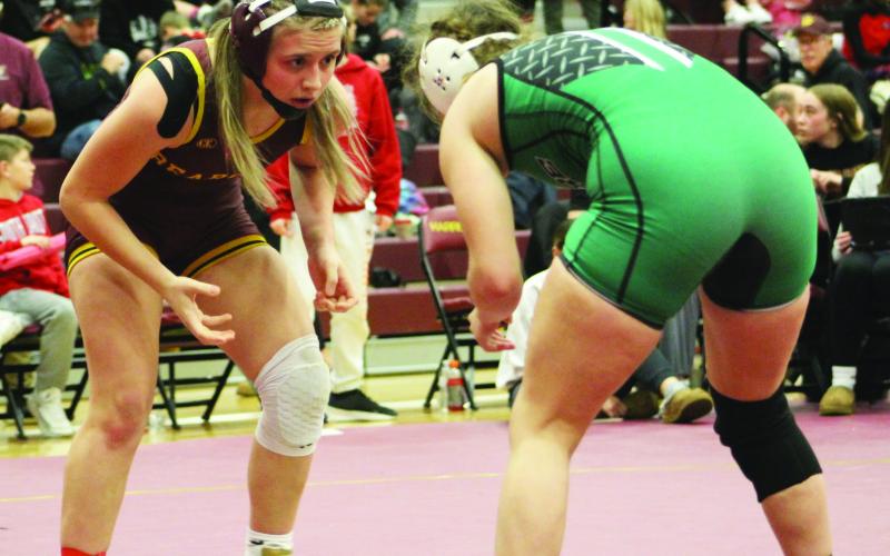 Webster Area Bearcats girls wrestling participated at the 2025 Harrisburg Girls Tournament Jan. 17. Here, from left Webster Area wrestler Brooke Grajczyk prepares to approach her opponent. Reporter &amp;amp; Farmer | Subscriber Snapshot