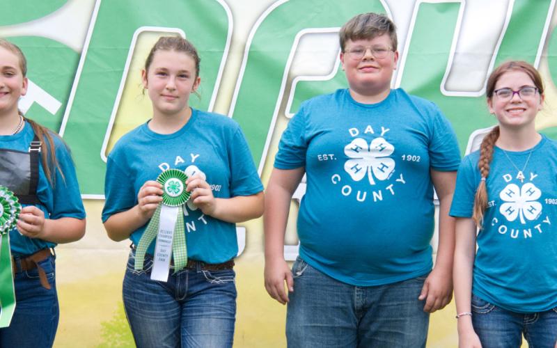 Junior sheep showmanship placers at the Day County Fair Aug. 8 are, from left, grand champion Cora Larson, reserve champion Kenlee Hommel, third place Jacob Powell and fourth place Cheyenne Powell. Reporter &amp;amp; Farmer | Leyton Beardslee
