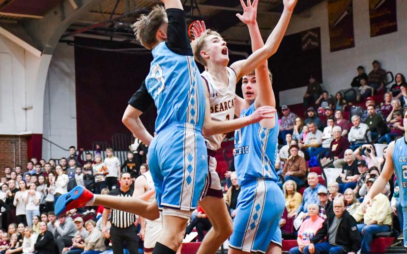 Seth Lesnar of Webster Area tosses up a shot between two Leola/Frederick defenders during the Bearcats 75-64 victory over the Titans Feb. 14 at Webster Armory. Lesnar finished the game with eight points, five rebounds and two assists. Reporter &amp;amp; Farmer | Leyton Beardslee