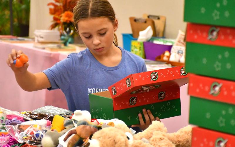 Naomi Acree, age eight, with Girl Scout Troop 50657 helps pack boxes for Operation Christmas Child at Westside Wesleyan Church in Bristol Nov. 13. Acree is the daughter of Mike and Jenny Acree, Webster. Reporter &amp;amp; Farmer | Leyton Beardslee