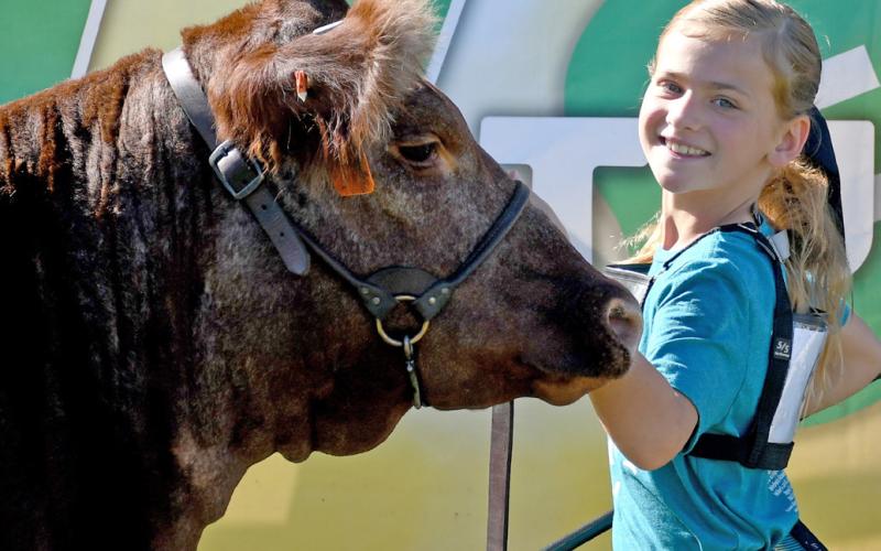 Ava Larson poses with her reserve grand champion breeding heifer Aug. 9 during the Day County Fair. Reporter &amp;amp; Farmer | Amanda Dulitz