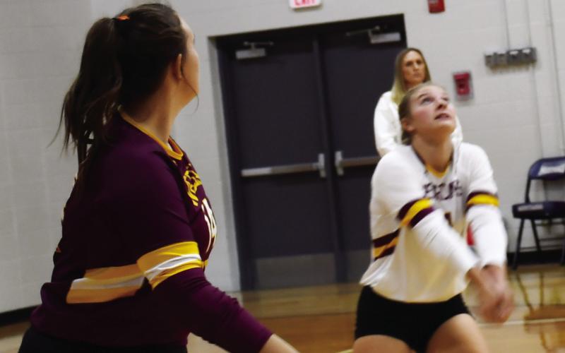 Webster Area volleyball finished off their regular season in a contest against the Waubay-Summit Mustangs. The Bearcats cruised to a victory in three sets. Here, Jersey Johnson (4) loads up to hit the ball while her teammate Carrington Hanson (14) is watching closely to potentailly spike the ball. Reporter &amp;amp; Farmer | Brenner Cariveau