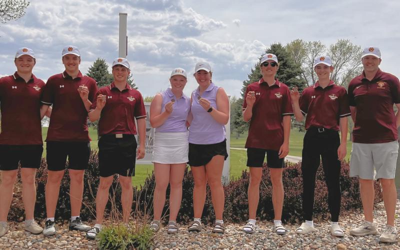 Webster varsity golf medal winners show off their hardware after the NEC golf tournament in Arlington May 9. From left to right: Thomas Kuecker, Ian Lesnar, Michael Dorsett, Mia Coester, Bailee Ninke, Blaize Amdahl, Seth Lesnar, and coach Tim Lesnar. Reporter &amp;amp; Farmer | Subscriber snapshot