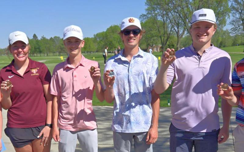 Left to right, Mia Coester, Bailee Ninke, Seth Lesnar, Blaize Amdahl, Thomas Kuecker and Michael Dorsett hold up their medals from a successful day at Pre-Region and ECC combined golf tournament in Watertown May 12. Reporter &amp;amp; Farmer | Subscriber snapshot