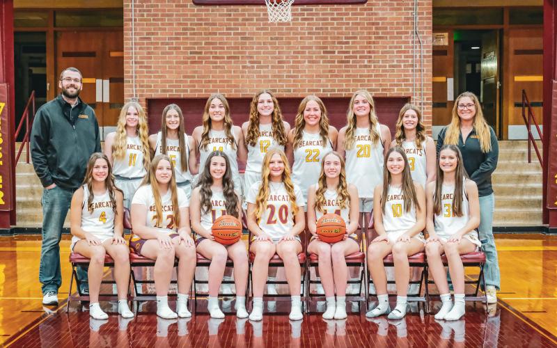 Back from left is assistant coach Devin Pedersen, Alyssa Zacher, Chloe Mammenga, Mallory Steiner, Karli Sannes, Bailee Ninke, Chloe Kvernevig, Cartney Hanson and head coach Haley Johnson. Front, from left, Braelynn Breske, Makynlee Curran, Siri Voss, Hannah Sonstebo, Kinsley Kuecker, Georgia Vergeldt and Ryan Johnson.