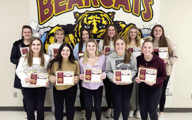 Webster Area volleyball players were recognized with letters Nov. 23 after the season concluded. Letter winners pictured back from left, Carrington Hanson, Lydia Vogl, Harley Johnson, Erin Sannes, Abby Vander Linden and Karli Sannes. From front left, Allie Case, Willa Stern, Madison Block, Mallory Steiner and Katie Braun.