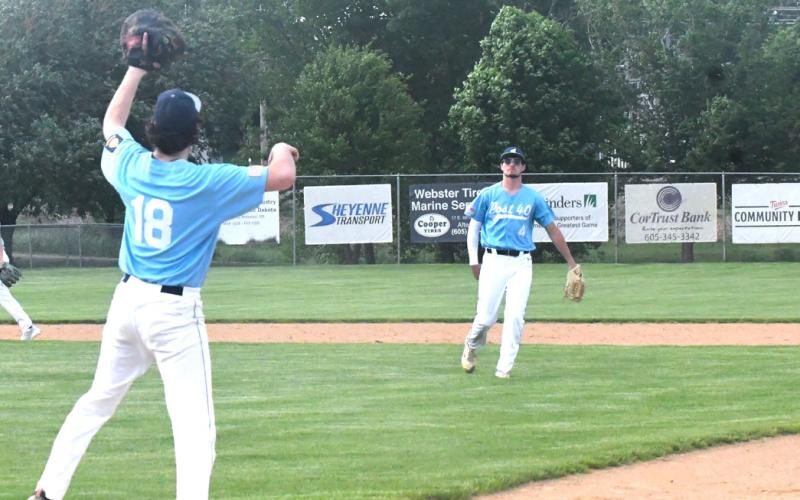 Shortstop Jack Shoemaker throws an easy out to first baseman Dylan Carlson during the top of the third. Webster’s Post 40 faced off against Claremount Honkers Post 262 and came home victorious with a six to two final. Reporter &amp;amp; Farmer | Connor Handrahan