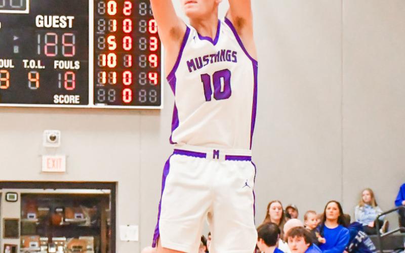 Teegan Gaikowski (10) of Waubay/Summit takes a three-pointer during the Mustangs 57-41 victory over Elkton-Lake Benton Elks Feb. 7 in Summit. Gaikowski contributed a five point performance in the win. Reporter &amp;amp; Farmer | Leyton Beardslee