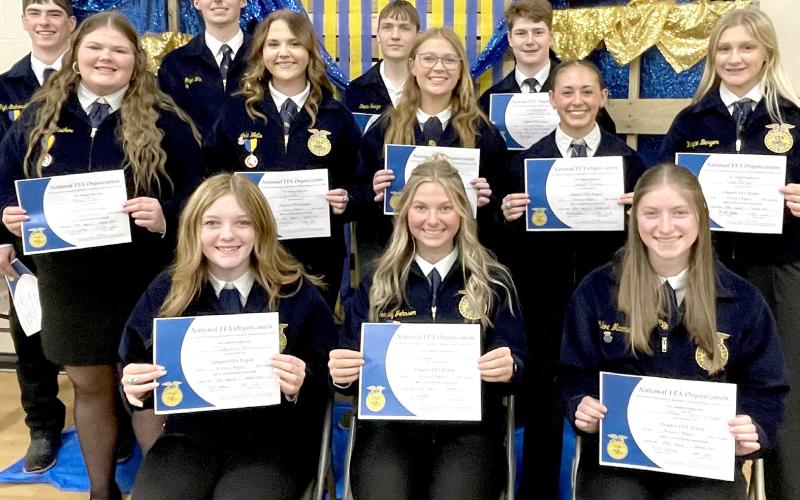 Chapter Degrees were presented at the Webster/Waubay 2025 FFA banquet. Recipients are from left, seated, Mackenzie Atherton, Jersey Johnson, Chloe Mammenga; middle, Kelsey Fischer, Lola Wells, Bryn Sippel, Jocelyn Rumpca, Kayce Berger; back, Tigh Gaikowski, Gage Wik, Devin Snaza and Caleb Gaikowski. Reporter &amp;amp; Farmer | Subscriber snapshot