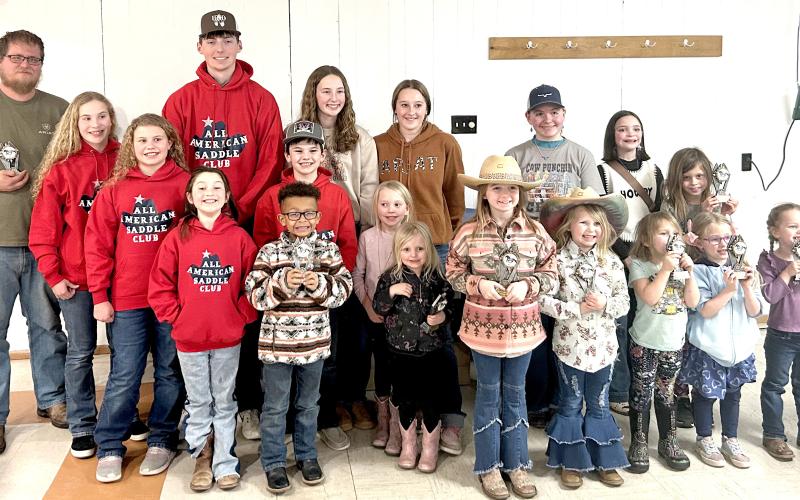 All American Saddle Club winners for the 2024 show series are from left, front, Aurora TeKrony, Keavan Hasvold, Kylie Brandlee, Madilyn Stahl, Rylee Tunby, Kira Christians, Echo Wess, Kimber Sigaty; middle, Ella Mundt, Logan Wik, Jaycee Brandlee; back, Todd Wess, Lily Mundt, Gage Wik, Carlee Wik, Tallie Czmowski, Fidelia Rasmussen, Nina Rasmussen and Cheyenne Christians. Reporter &amp;amp; Farmer | Subscriber snapshot