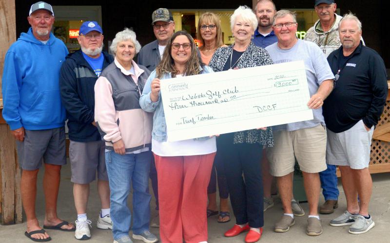 A $3,000 donation was given to the Webster Golf Course from Day County Community Foundation. Foundation and golf course representatives pictured from left are Brian Lux, Terry Anderson, Mary Bloom, Monty Bloom, Amanda Dohn, Connie Sawinsky, Rita Johnson, Derek Sinner, Don Mahlen, Brian Prins and Josh Bartos. Reporter &amp;amp; Farmer | Luke Caputo
