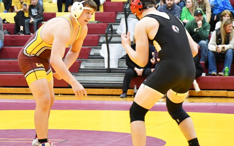 Webster Area Bearcats hosted the Webster Area Triangular Jan. 30 at the armory against the wrestling teams from Sisseton and Milbank. Here, Nathan Hubsch prepares for an attack against Sisseton’s Justin Muehler. The match was decided in a major decision where Hubsch lost 4-14. Reporter &amp;amp; Farmer | Brenner Cariveau