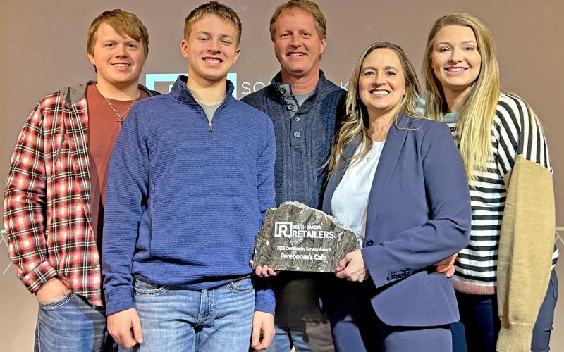 Members of the Pereboom family received the Community Service Award from the South Dakota Retailers Association during their annual banquet Jan. 13 in Pierre. Pictured are Jacob, McKoy, Jay and Janice Pereboom and Lexi Rithmiller. The family’s business Pereboom’s Cafe and Boomers Outback was nominated for the award due to their involvement in their community. Reporter &amp;amp; Farmer | Subscriber snapshot