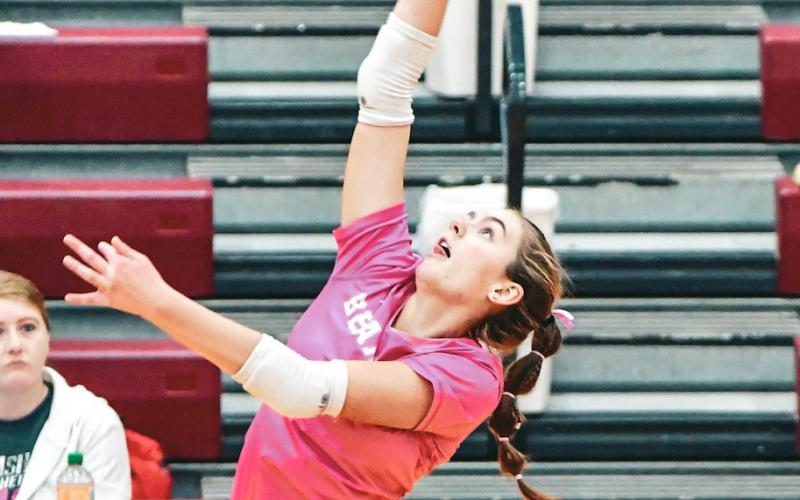 Marlee Dornbusch of Webster Area elevates for a hit during the Bearcats 3-1 match win over Langford Area Oct. 21 in Webster. Set scores for the match were 25-9, 21-25, 25-9 and 25-19. Reporter &amp;amp; Farmer | Leyton Beardslee