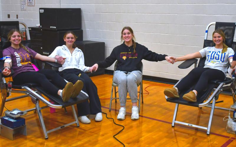 LifeServe Blood Center hosted a blood drive at Webster Area High School Nov. 24. From left, Kenley Grewe, Marlee Dornbusch, Mallory Steiner and Jersey Johnson show up to the blood drive. Grewe and Johnson said this is their third time participating in a blood drive event. Reporter &amp;amp; Farmer | Connor Handrahan