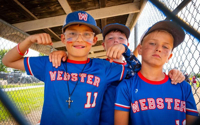 Webster players from left Hunter Swenson, Teagan Schmidt and Cooper Steiner pose in the dugout during the South Dakota U10 State B Tournament in Webster July 19. Webster finished pool play with a record of 2-3 and won their final game to place seventh in the tournament. See more from the tournament on 6. Reporter &amp;amp; Farmer | Leyton Beardslee