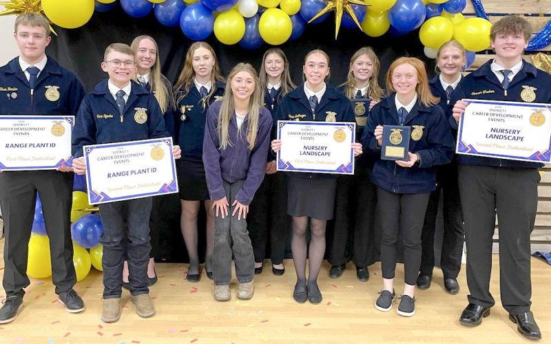 Webster FFA members placed at regional Career Development Events in Milbank March 24 and advance to competition at the state convention in Brookings April 20-22. From left, front are Tevin Howder, Cane Bjerke, Maci Kurkowski, Macee McGregor, Chesney Deibert, Carson Fischer; back, Kinsey Kuecker, Julie Lesnar, Chloe Mammenga, Bryn Sippel and Hannah Sonstebo. Reporter &amp;amp; Farmer | Subscriber snapshot