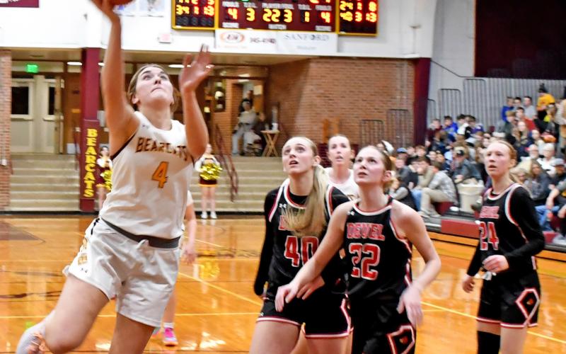 Bearcat number four Mallory Steiner goes up for a basket Jan. 9 in a double header home game against the Deuel Cardinals. The Cats defeated the Cards 47-29. Reporter &amp;amp; Farmer | Robert Dulitz