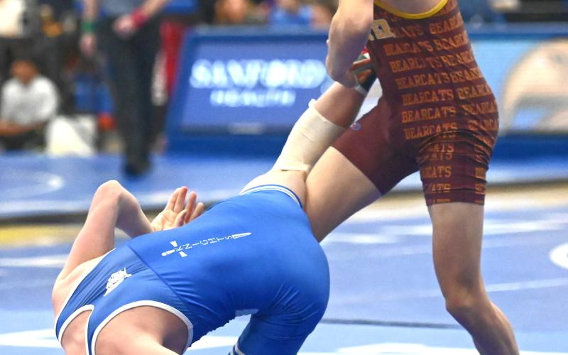 Tayten Kurkowski flips his opponent during the Lee Wolf Invitiational Jan. 31 in Aberdeen. Kurkowski placed seventh with a record of 2-2 and earned five team points. Reporter &amp;amp; Farmer | Brianna Jorgenson, Captured Creations Photography