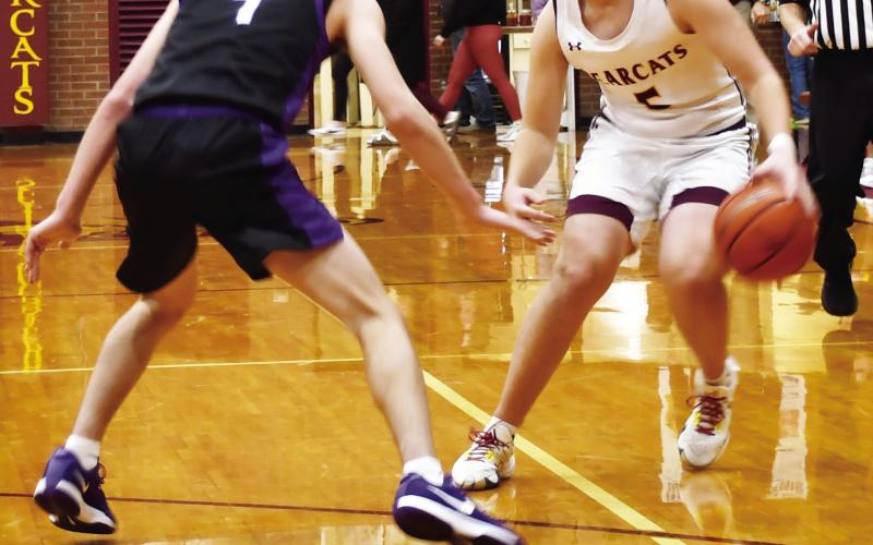 Webster Area Bearcats hosted the Waubay-Summit Mustangs in a game the Bearcats dropped 44-45 Dec. 17. Here, Webster Area guard Ian Lesnar (5) looks to escape the on ball pressure of Waubay-Summit’s Tigh Gaikowski (4). Reporter &amp;amp; Farmer | Brenner Cariveau